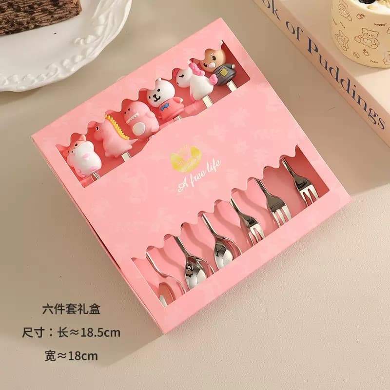 304 stainless steel children's cartoon cute pet animal silicone head fork spoon gift box set dessert spoon fruit