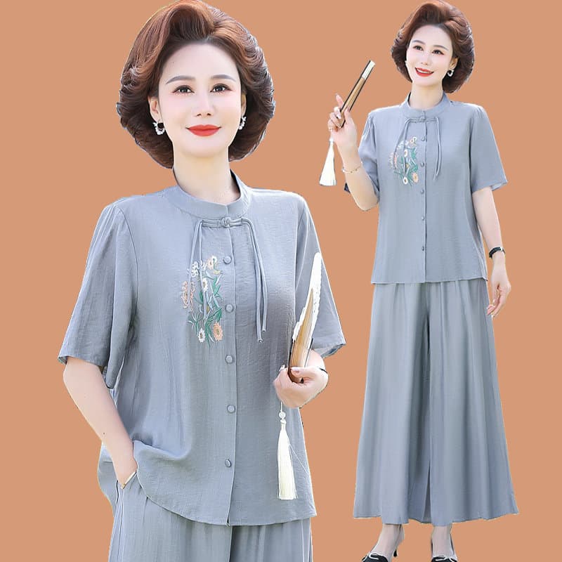 Mothers' Summer Silk Cotton Top Set Fashionable New Chinese Style Mature Women's Two-Piece Outfit