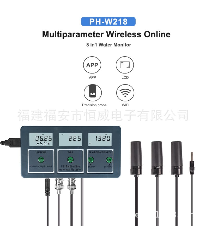 8-in-1 APP Wireless WiFi Water Quality Online Monitor for PH/EC/TDS/SALT/S.G/CF/ORP/℃