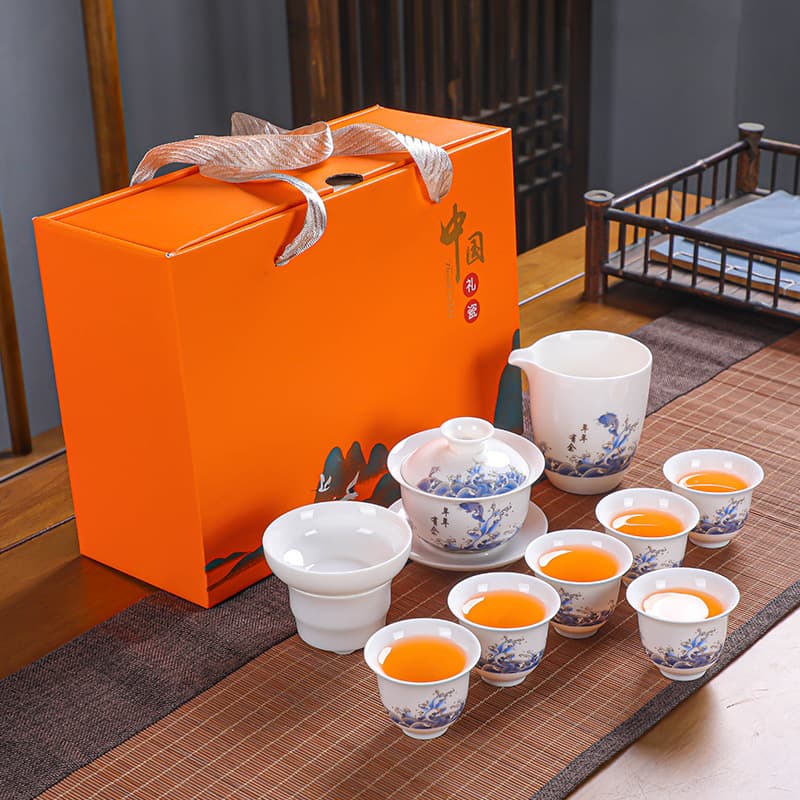 Tea Set Suit Full Set Household Suet Jade Porcelain Brewing Tea Gongfu Tea Set Complete Gift Box High-end Custom Logo Gift