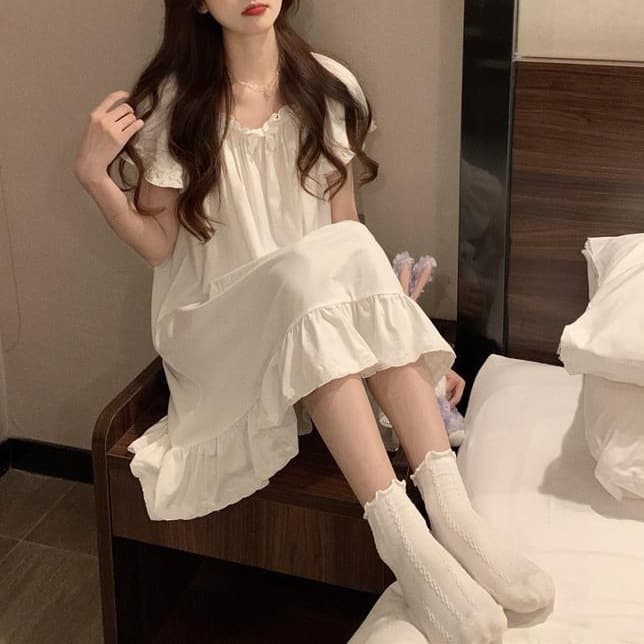 Princess Style Summer Sleepwear Women's Short Sleeve Loose Fit Cute Milk Silk Home Clothes One-Shoulder Live Stream Loungewear