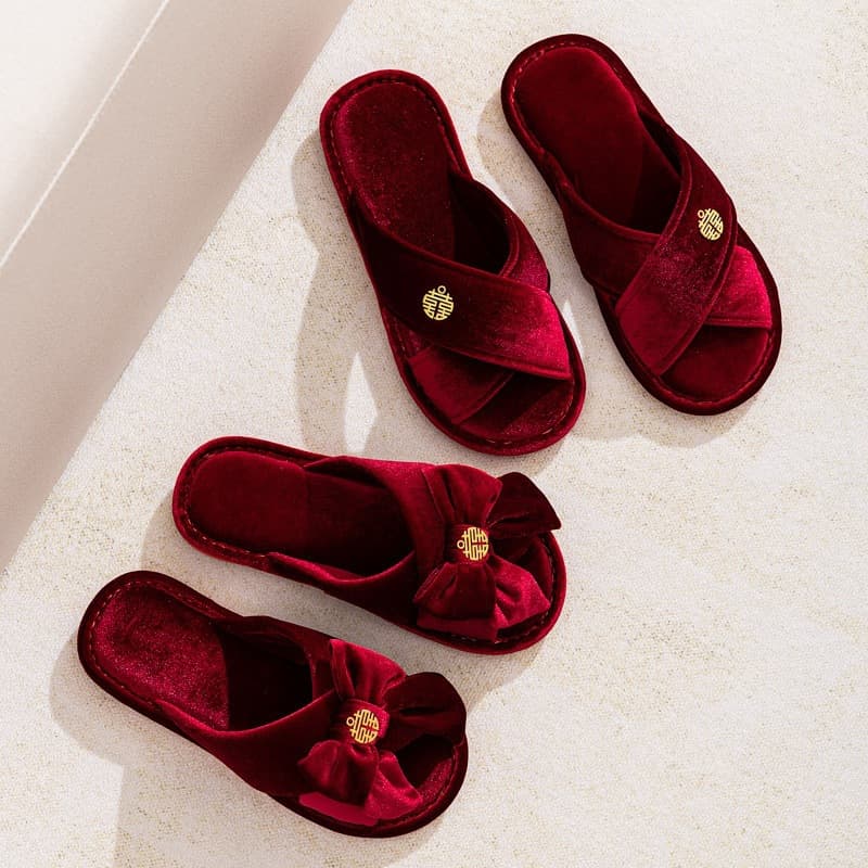 Red Velvet Bow Slippers for Women, Autumn/Winter Wedding Morning Robe Slippers, Bride's Year of Destiny Slippers, Non-Slip