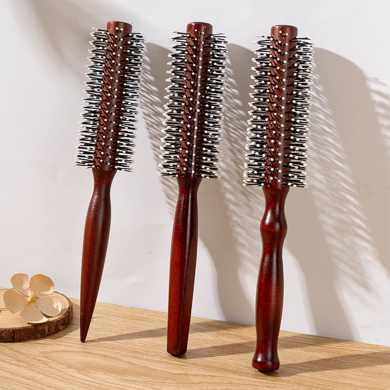 Barber shop curling tools red brown wooden comb cylinder inner buckle styling curling comb fluffy hairstyle log rolling comb