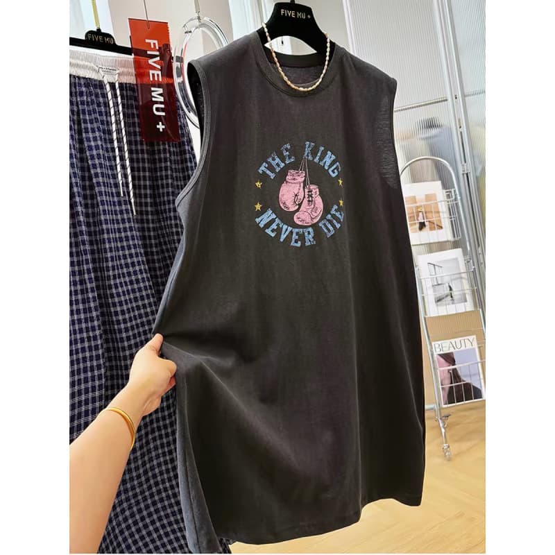 1207# Plus Size 300 Jin Printed Sleeveless Tank Dress Women Summer Over-Knee Long Dress Wearable T-Shirt