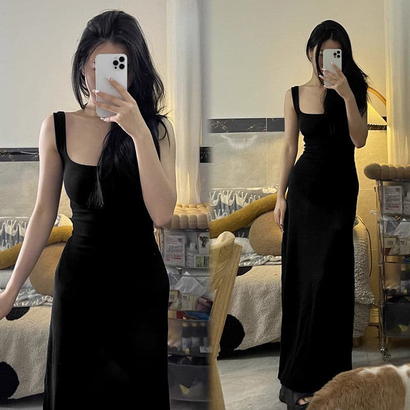 Blue Square Neck Hot Girl Sleeveless Suspender Dress Women's Slim Fit Long Skirt Summer Temperament Skirt