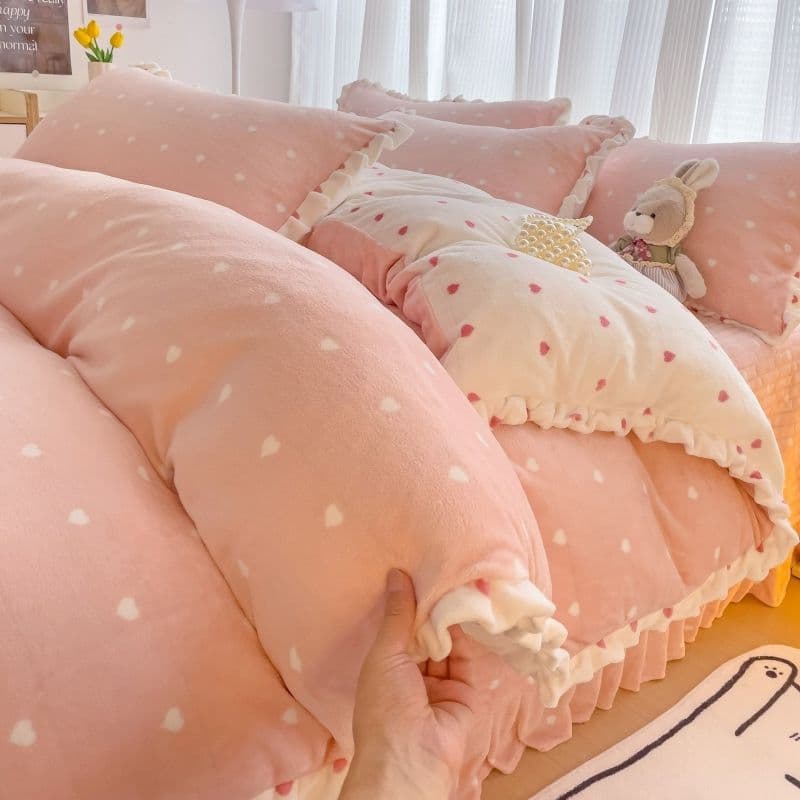 Autumn and winter thickened milk fleece four-piece set, Korean-style lace warm fleece duvet cover and bed sheet, double-sided fleece duvet cover three-piece set