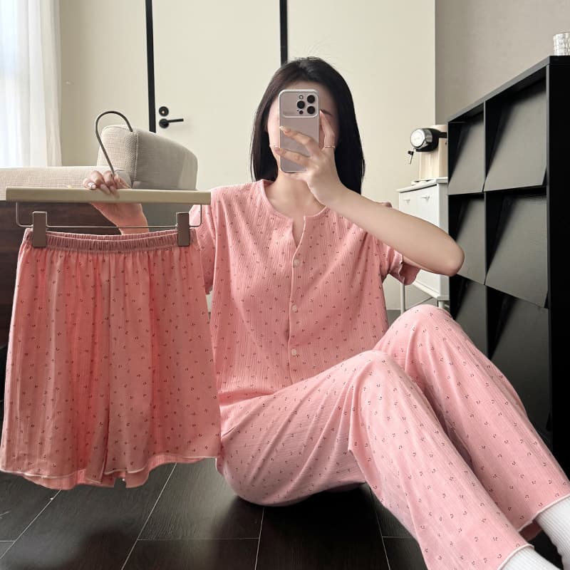 Summer Knitted Cotton Short-Sleeve Cardigan, Long Pants, and Shorts Pajama Set for Women, Three-Piece with Built-in Bra Pads, Thin Women's Loungewear