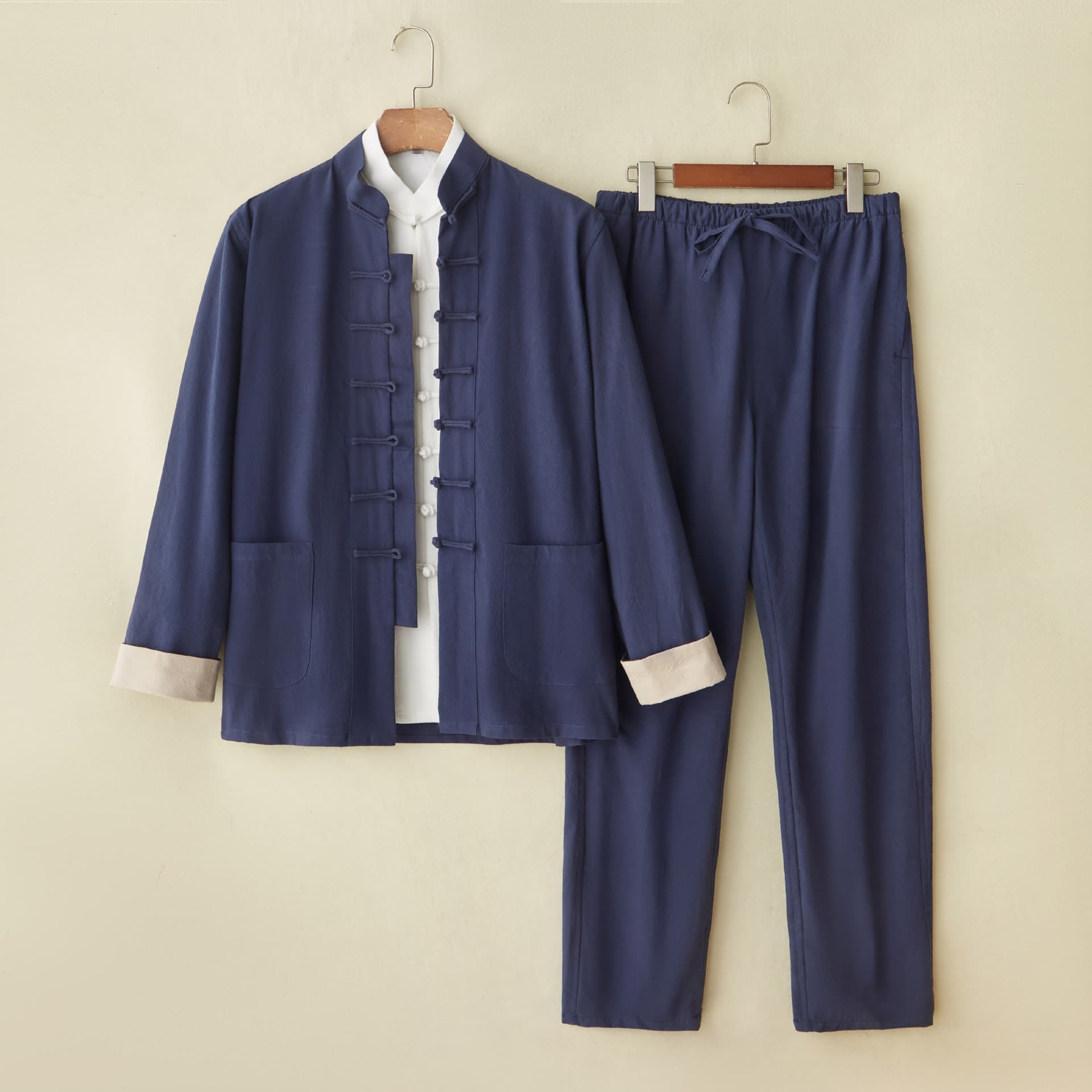 Chinese Style Spring/Autumn Cotton Linen Tang Suit Men's Three-Piece Set with Chinese Knot Buttons, Hanfu Retro Layman Tea Suit