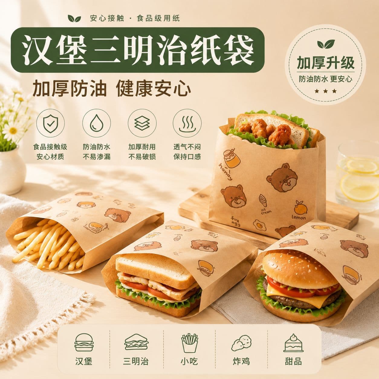 Hamburger packaging paper bag disposable food oil-proof sandwich hand-caught pancake breakfast filled with egg mochi meat bun