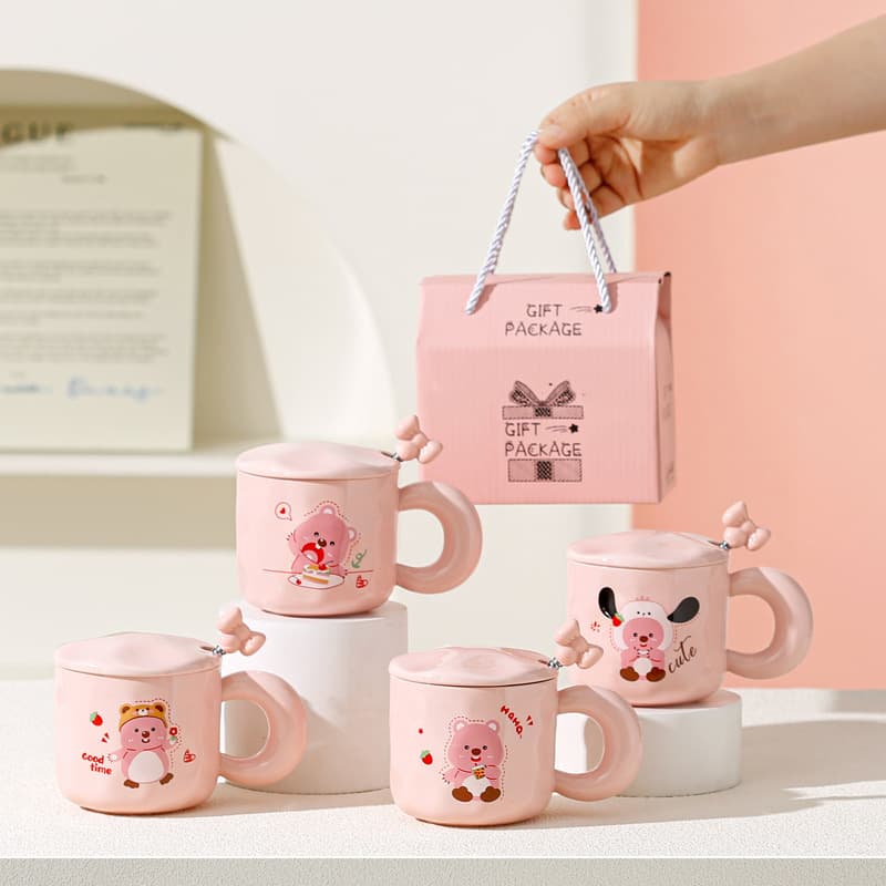 Cartoon Ceramic Mug with Lid Gift Box, Pink, White Porcelain