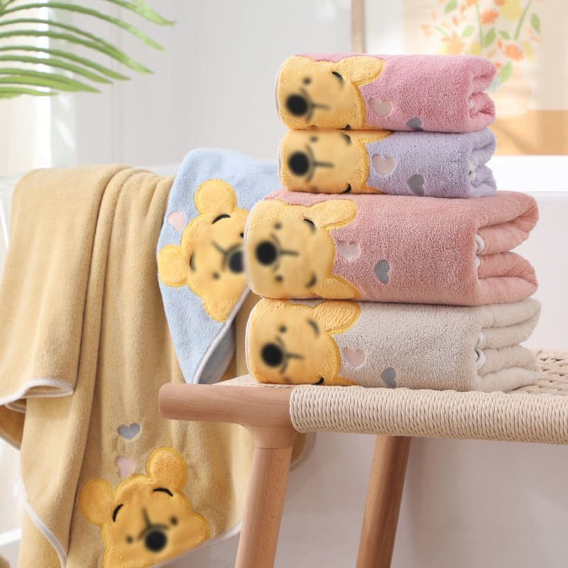 Thickened Coral Fleece Bath Towels with Embroidered Winnie the Pooh, Towel and Bath Towel Set, Home Use Face Towels, Children's Cartoon Bath Towels