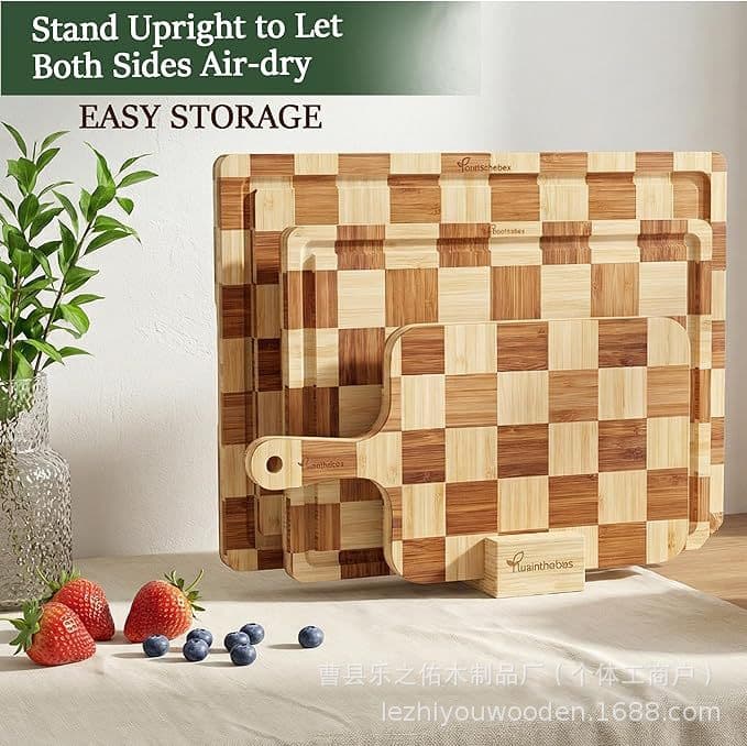 Wooden checkerboard cutting board set with storage base juice slot kitchen double-sided cutting board deli plate