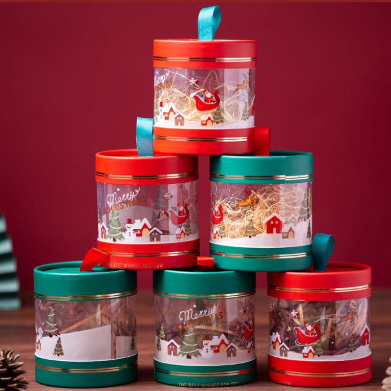 PVC paper-lid cylindrical Christmas fruit hug bucket, apple cone, candy gift box, Christmas Eve packaging, Christmas limited edition.