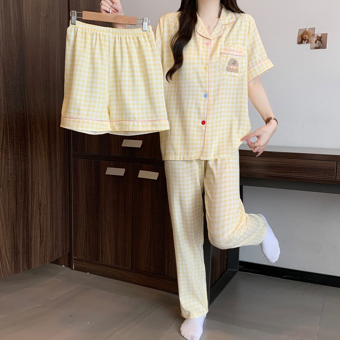 Can be worn outside with chest pad three-piece pajamas for women student girl style short-sleeved trousers home clothes summer cloud cotton