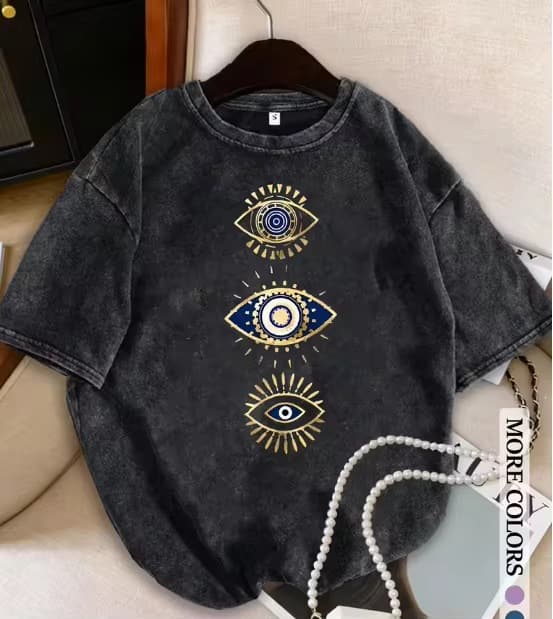 Women's Summer T-Shirt with Three Gold Evil Eye Prints, Fashionable Loose-Fit Cotton Top