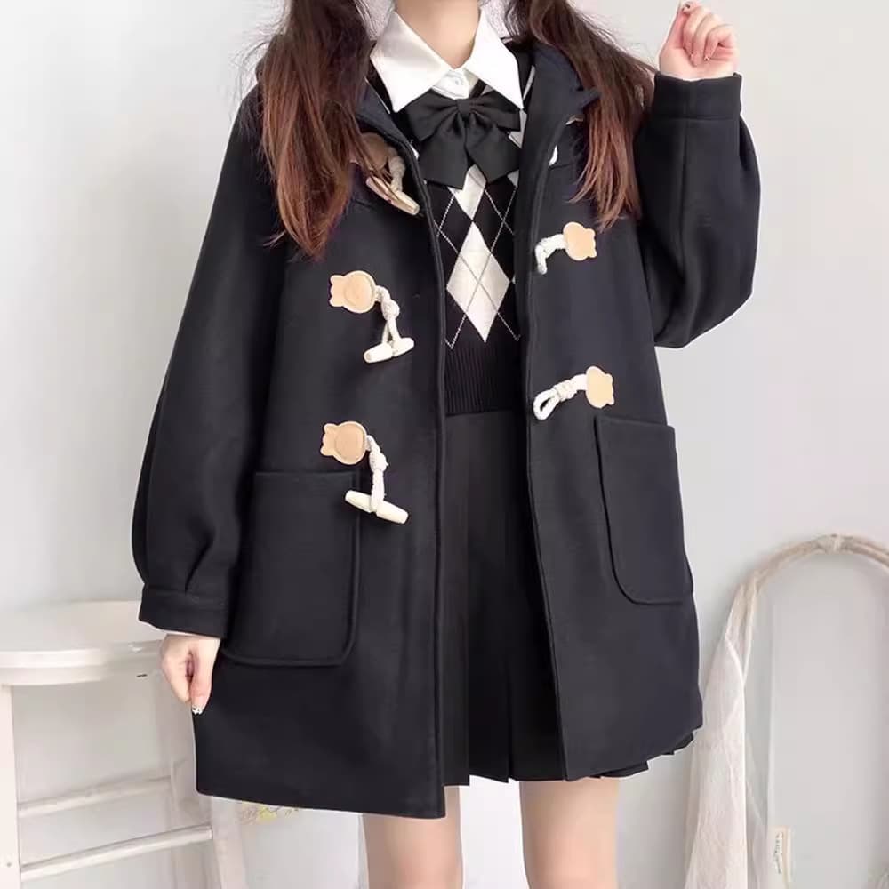 Japanese woolen coat for women 2025 autumn and winter horn button college style small medium and long hooded woolen coat