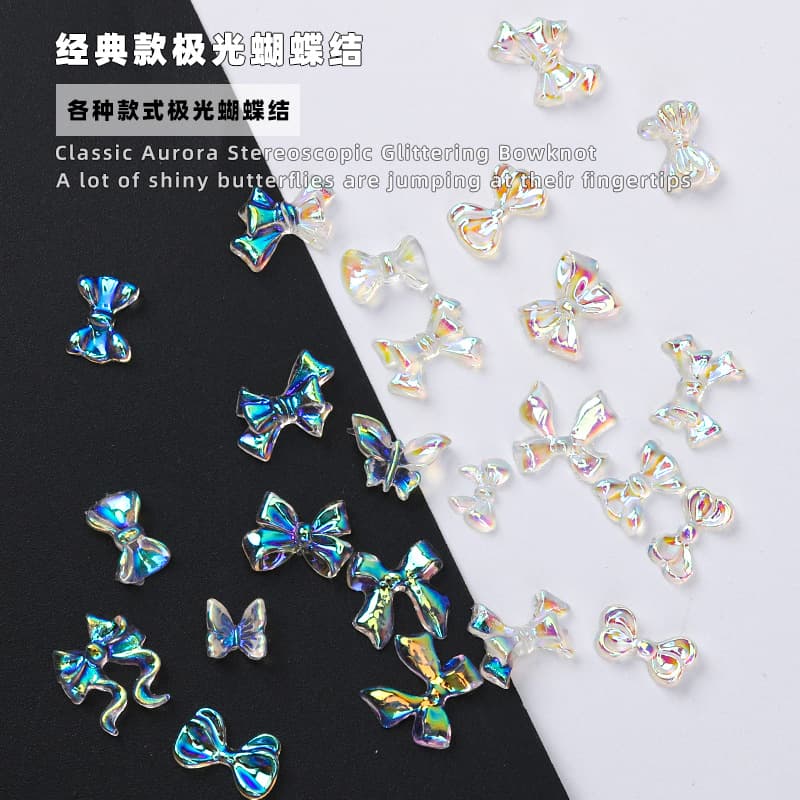 Popular ice-transparent aurora bow three-dimensional nail art jewelry, colorful nail decorations, DIY nail art accessories wholesale