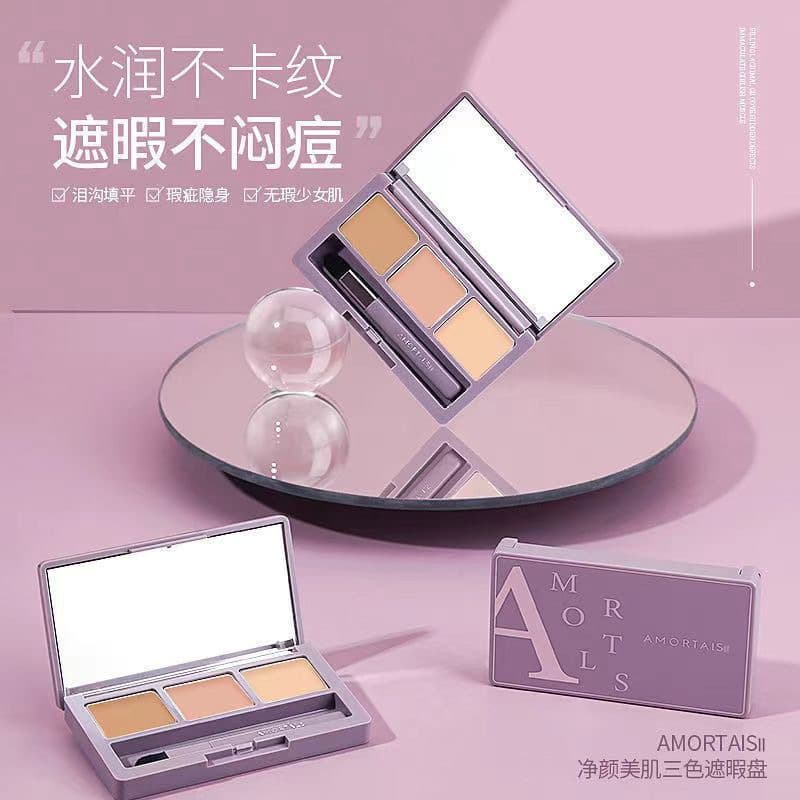 Er Mupu Three-Color Concealer Palette, Covers Dark Circles, Spots, Acne Scars, Tattoos, Face Contouring, Brightening, Women, Genuine