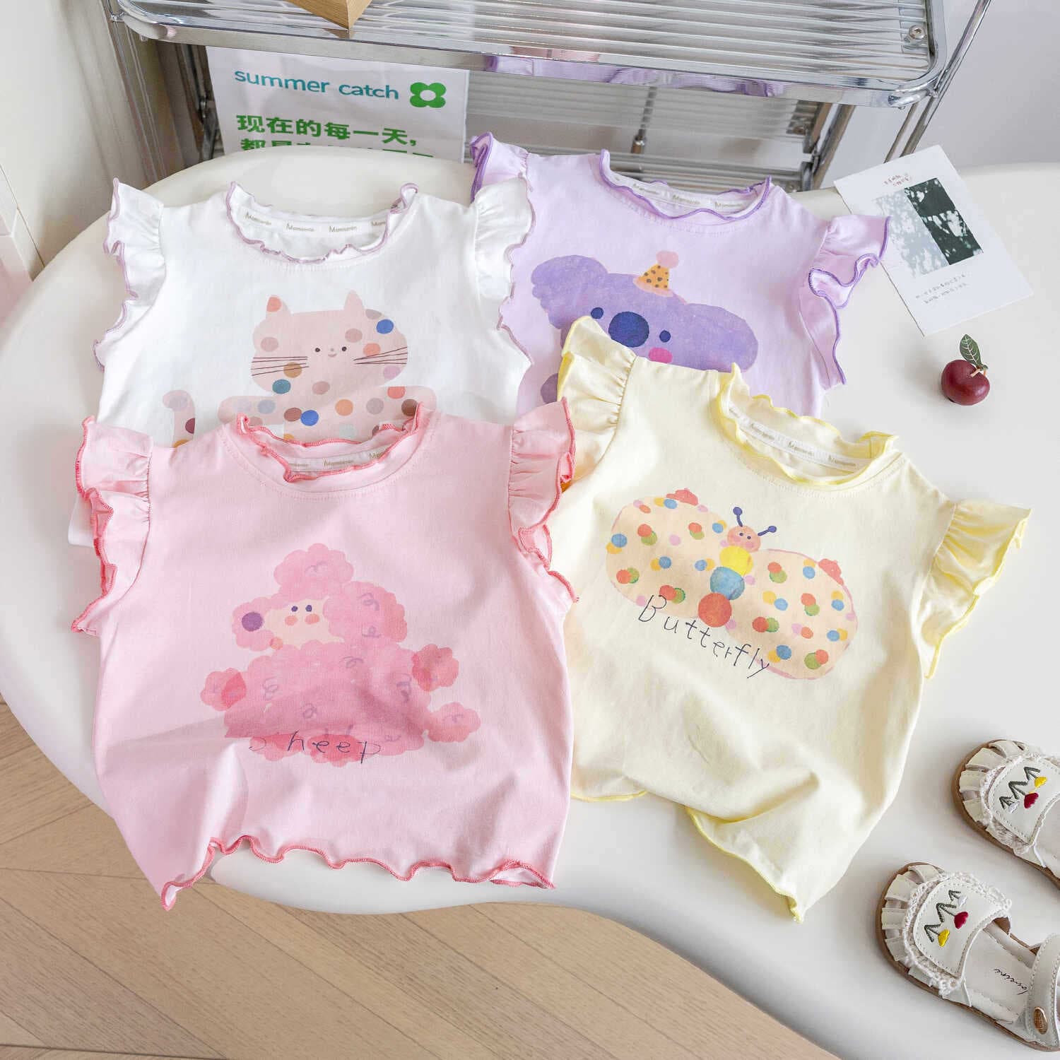 2026 New Summer Girls Short Sleeve T-Shirt Stylish Baby Flutter Sleeve Top Kids Cotton Top Trendy