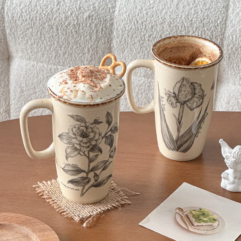 Muni Ins Vintage Floral Ceramic Tall Mug Large Capacity Coffee Cup Office Juice Drink Milk Water Cup