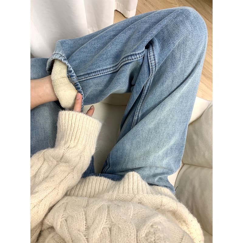 Retro Light Blue Fleece Lined High Waist Straight Leg Thickened Denim Pants Women's Autumn Winter Loose Wide Leg Hong Kong Style