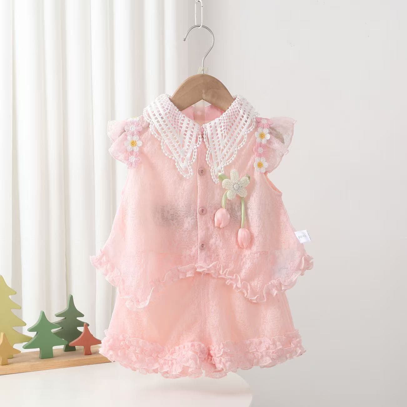 Summer new girls pink lace sleeveless top shorts tulip suit two-piece set