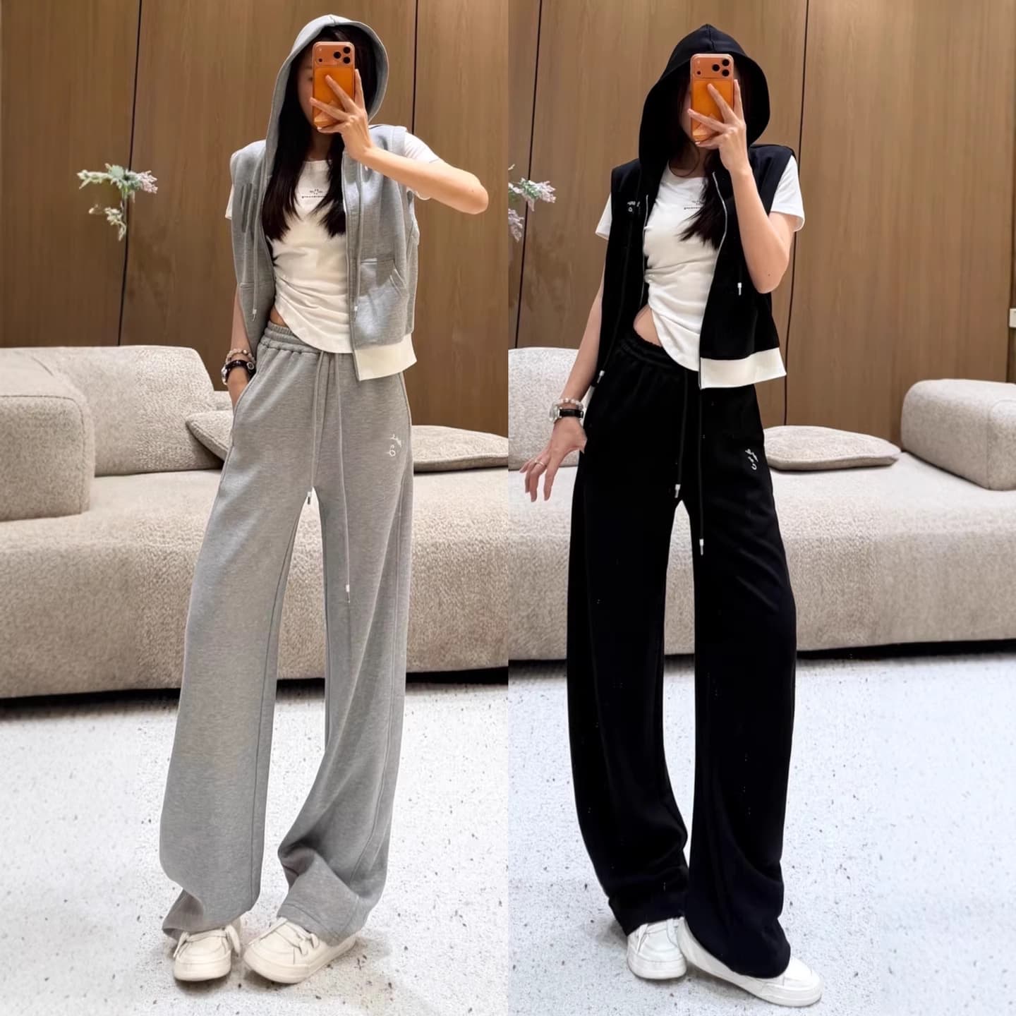 Nanyou Women's 2026 Spring and Summer Ann New Hooded Sleeveless Vest with Scimitar Elastic Waist Wide Leg Pants Suit