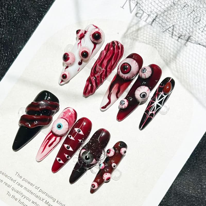 Halloween 3D Press-On Nail Tips Finished Wholesale Export Hot-Selling Wearable Manicure Almond-Shaped Press-On Nails Funny Fake Nails