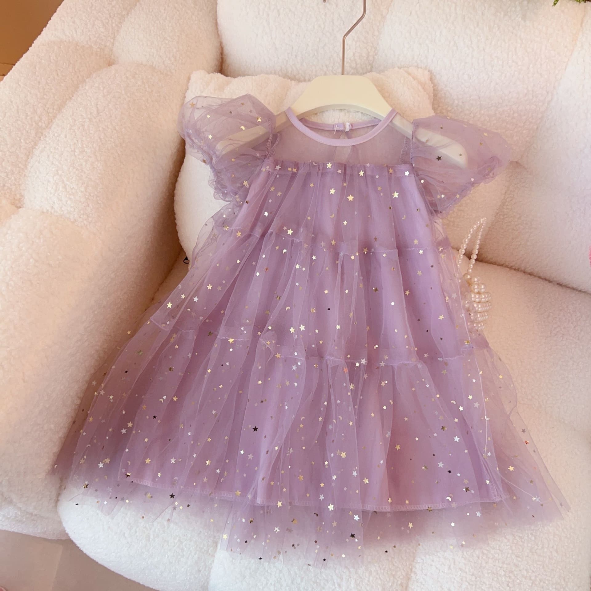 Girls' Princess Dress Fashion Summer New Style Kids Fashion Mesh Dress Sequins Puffy Tulle Dress Girl Dress