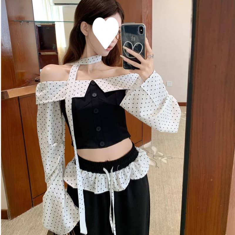 Polka Dot Patchwork Ballet Off-Shoulder Crop Top and Wide-Leg Pants 2026 Spring New Fashion Set for Women