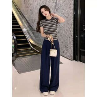 2026 New Korean Style Women's Summer Fashion Slim Striped Short Sleeve T-Shirt Casual