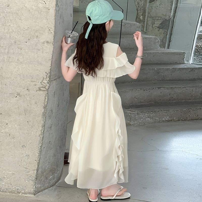 Girls' super nice dress new summer junior high school girl's beautiful off-the-shoulder skirt girl's fairy skirt