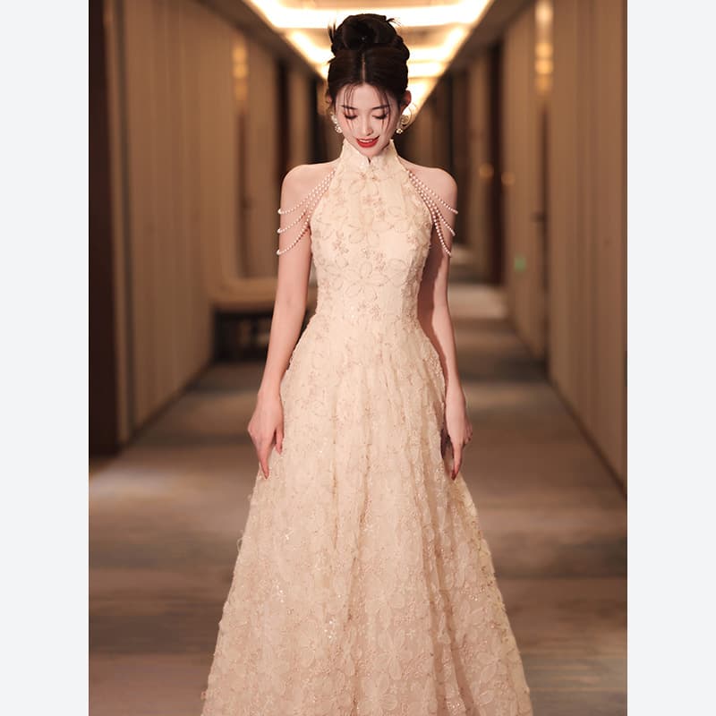 Flower Stand Collar Tassel Halter Engagement Evening Dress Women 2026 Summer New Adult Ceremony Fashion Trendy Dress