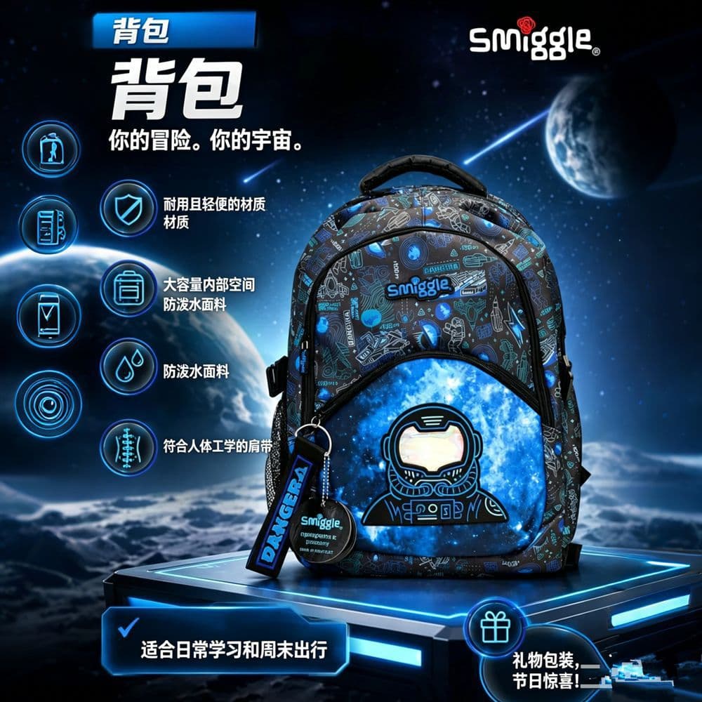 Australia Smiggle School Bag for Grades 1-6 Students, Shoulder Blue Spaceman Hero Decompression Backpack, Multi-Functional Bag