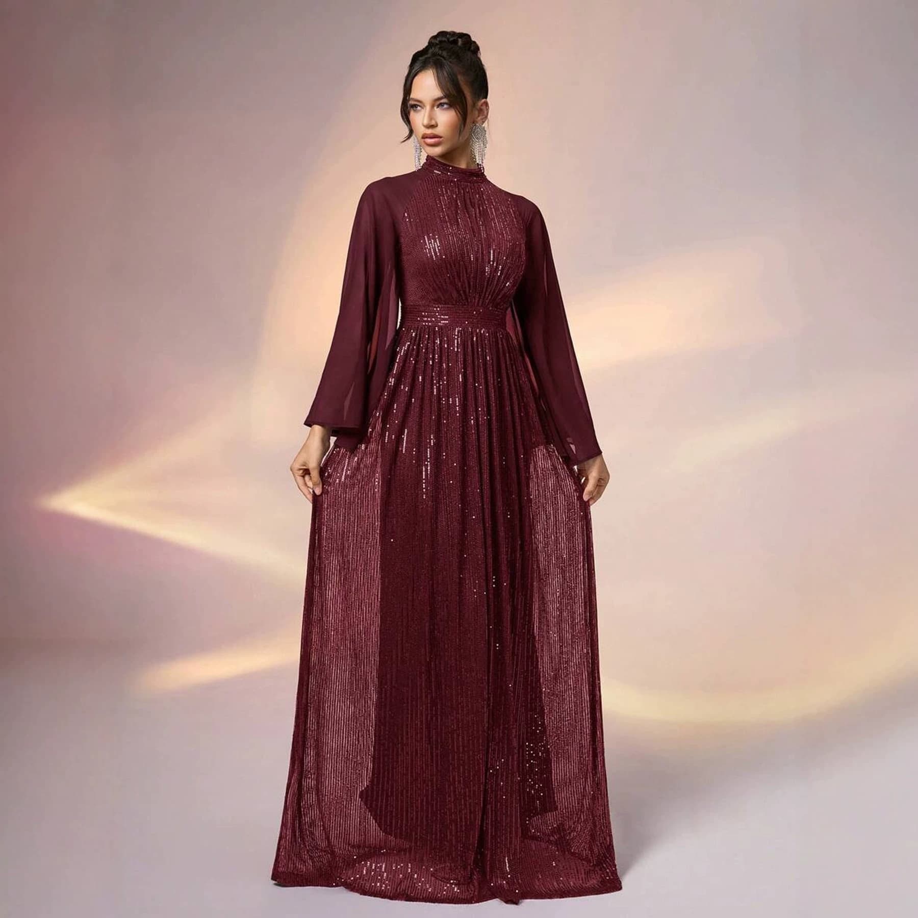 2026 Export Elegant Sequined Raglan Sleeve Long Evening Dress for Women, Personalized Sequined Gown