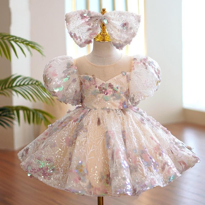 Toddler Girl's Sparkly Princess Dress with Bow, Tutu Skirt for Kindergarten Performance, Catwalk, and Stage Shows