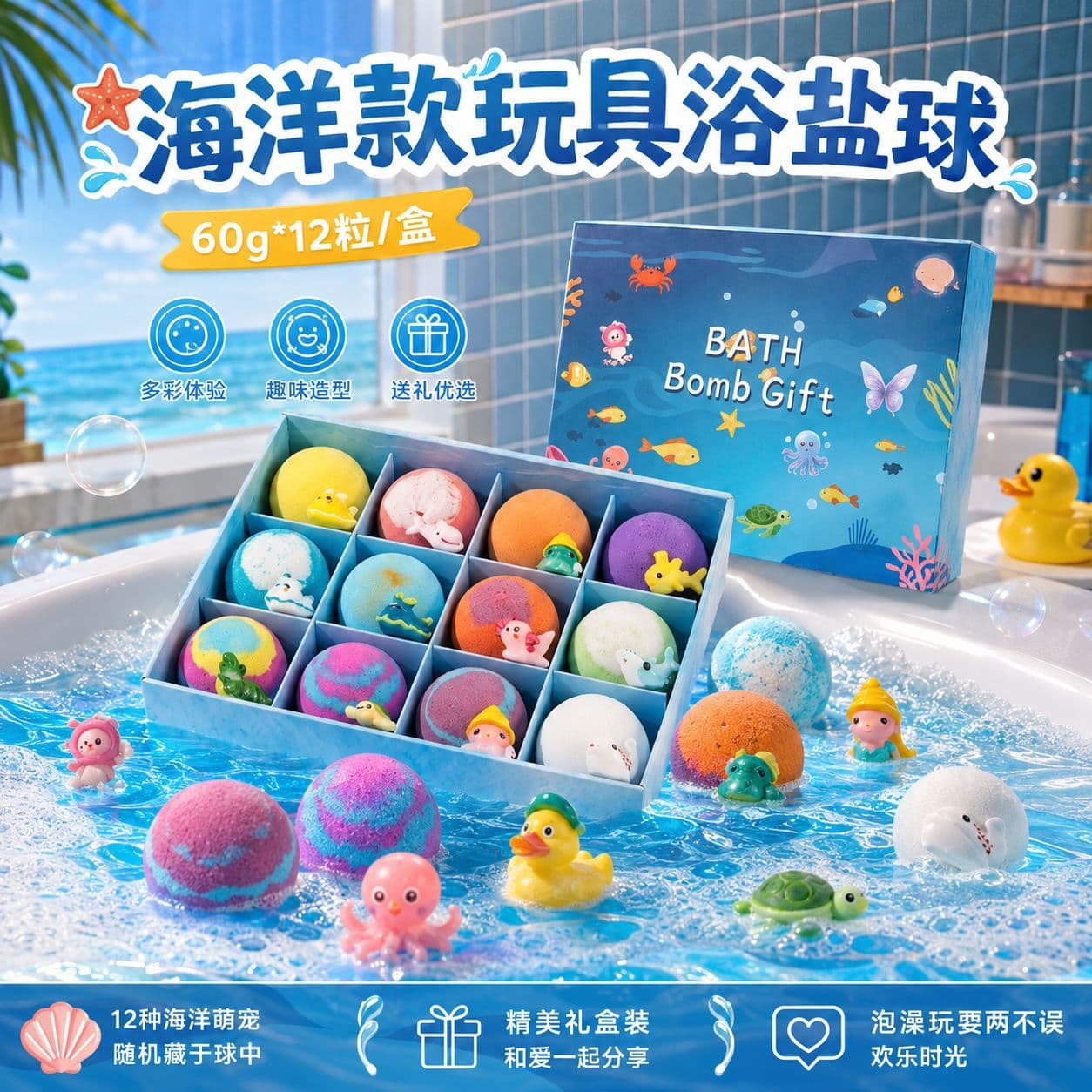 Kids Bubble Bath Ball Ocean Toy Bath Bombs with Toy Flower Bath Oil Ball Bath Salt Ball