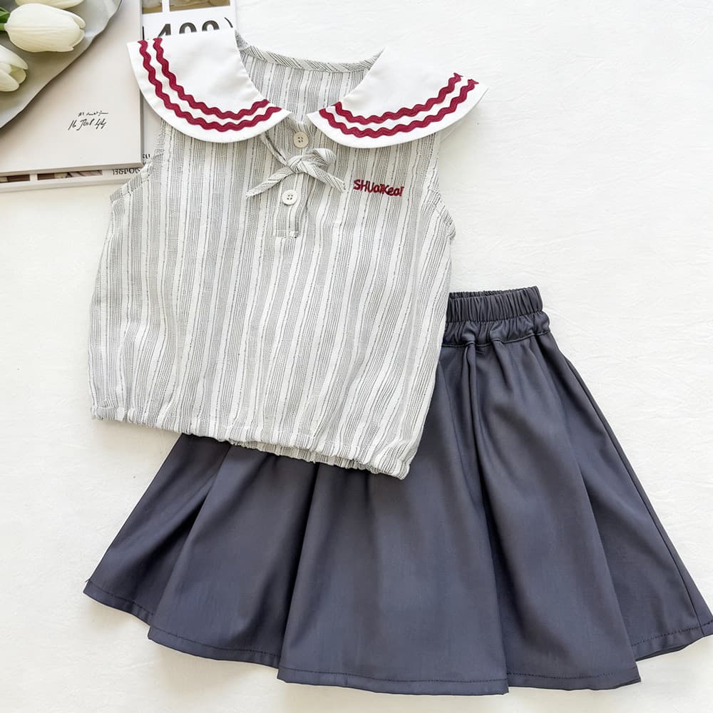 Girls college style navy collar striped top and skirt suit summer 2026 new trendy skirt and pants two-piece set