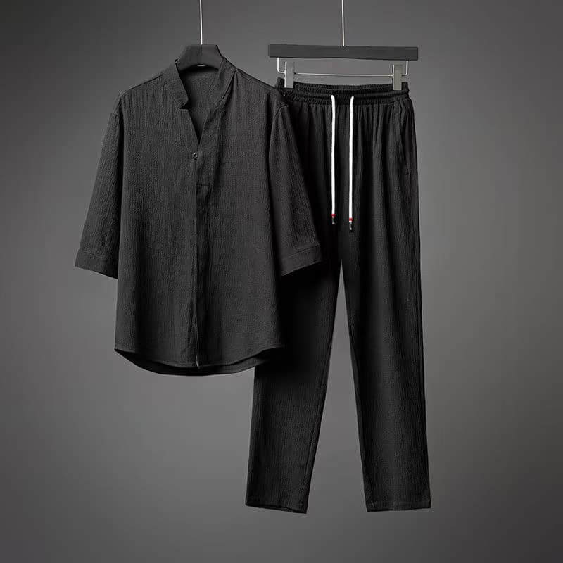 Men's Summer Loose Fit Short Sleeve T-Shirt Set Thin Five Sleeve Loose Fit Mid Sleeve Two Piece Set Sportswear Casual Wear