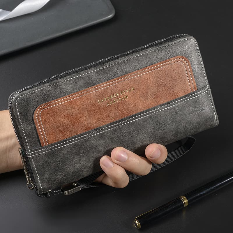 Carrken New Retro Frosted Stitching Contrast Color Men's Long Wallet Youth Fashion Multifunctional Zipper Clutch