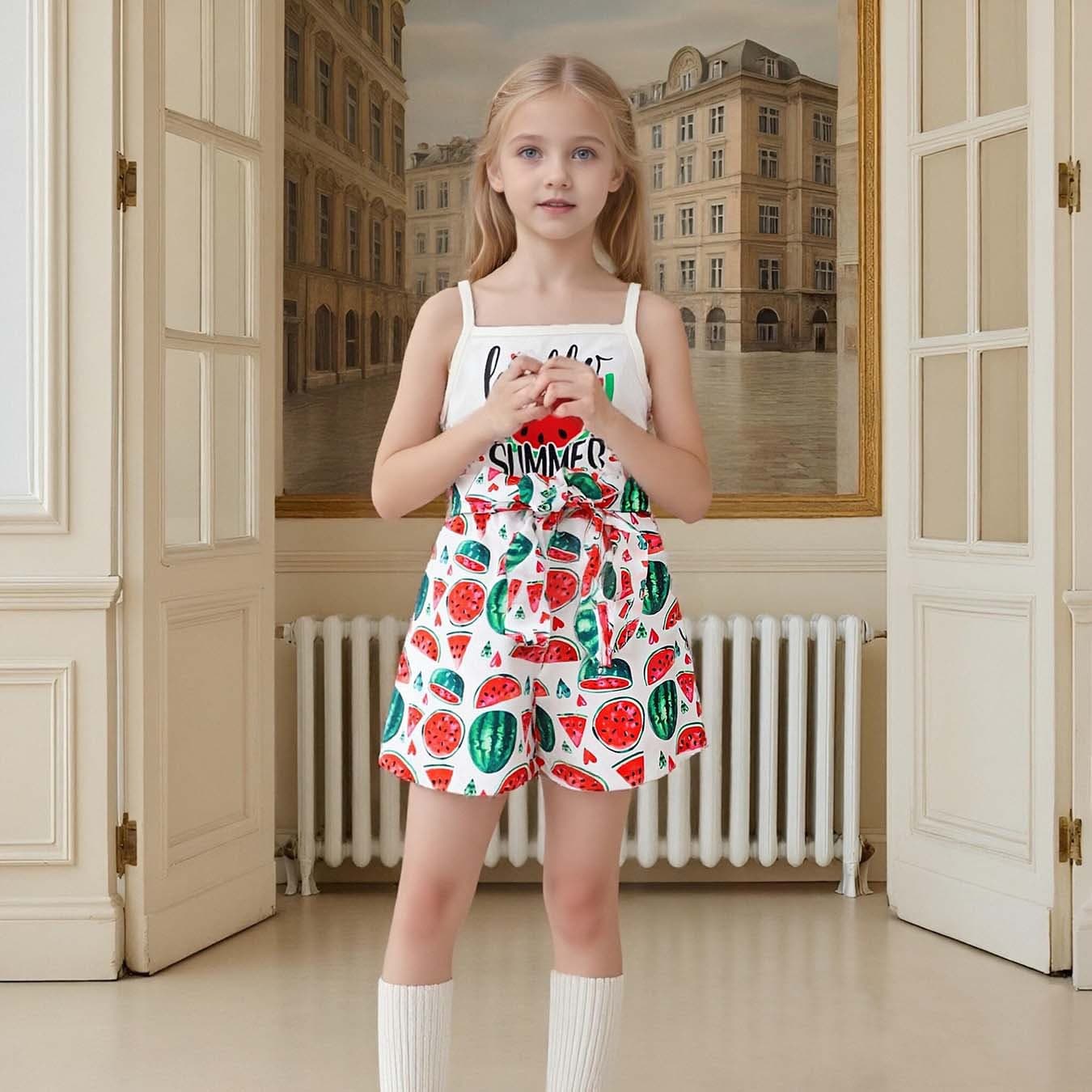 Foreign trade new summer letter watermelon sling girls flying sleeve jumpsuit bow fashion children's jumpsuit