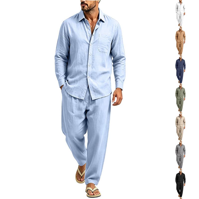 2026 spring and autumn new cross-border European and American solid color linen suit light shirt elastic trousers loose large size men's clothing