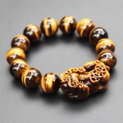 Natural Yellow Tiger Eye Pixiu Bracelet Unisex Tiger Eye Stone Beaded Bracelet Wooden Stone Jade Jewelry