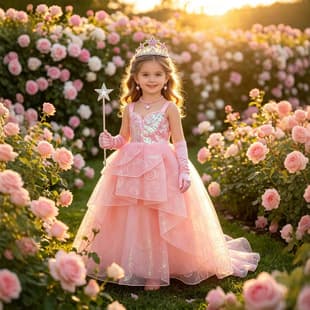 Girls Pink Puffy Princess Dress Children's Birthday Party Long Sleeveless Dress with Crown and Magic Wand Performance Gown