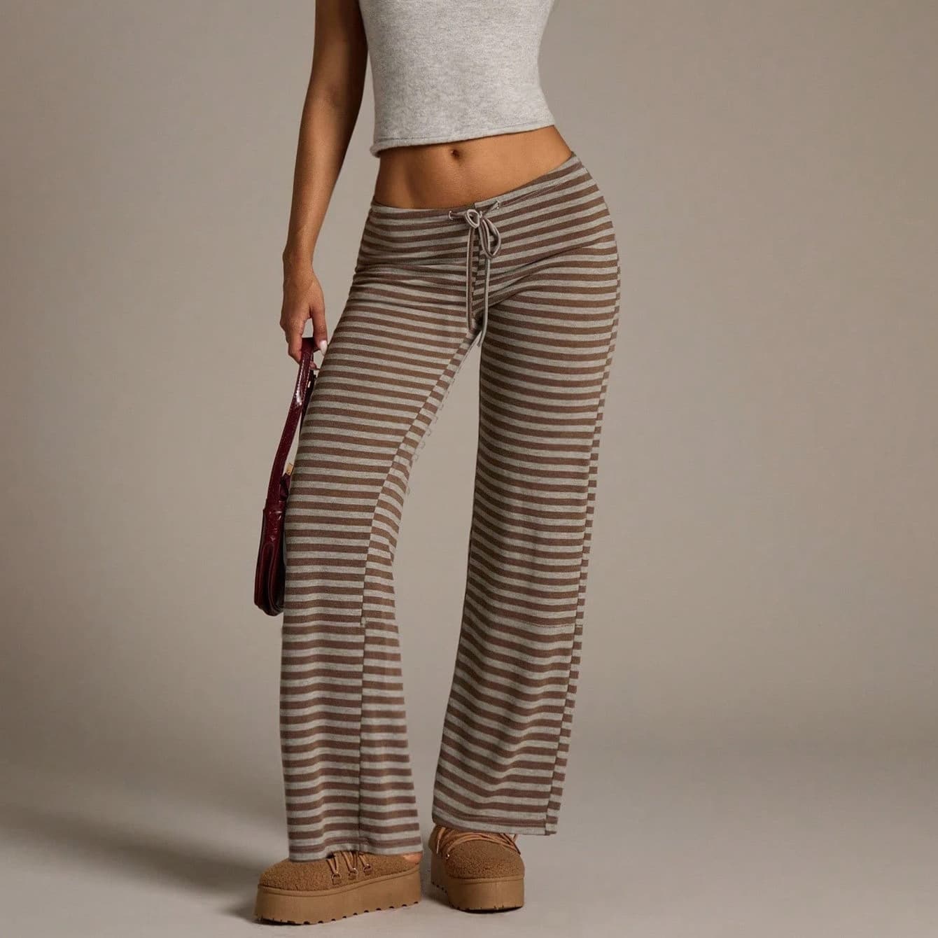 Amazon Cross-Border Women's Casual Simple Striped Drawstring Retro Home Floor-Length Wide-Leg Straight Pants
