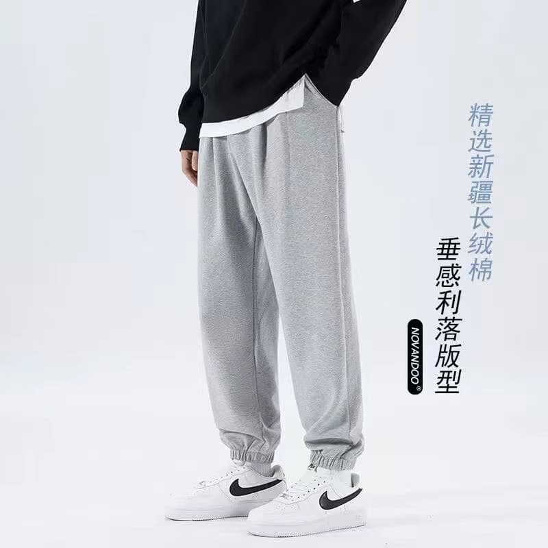 Combed cotton autumn/winter casual sport pants, fleece-lined thickened men's loose style long pants, plus-size tapered-leg pants, solid color comfortable