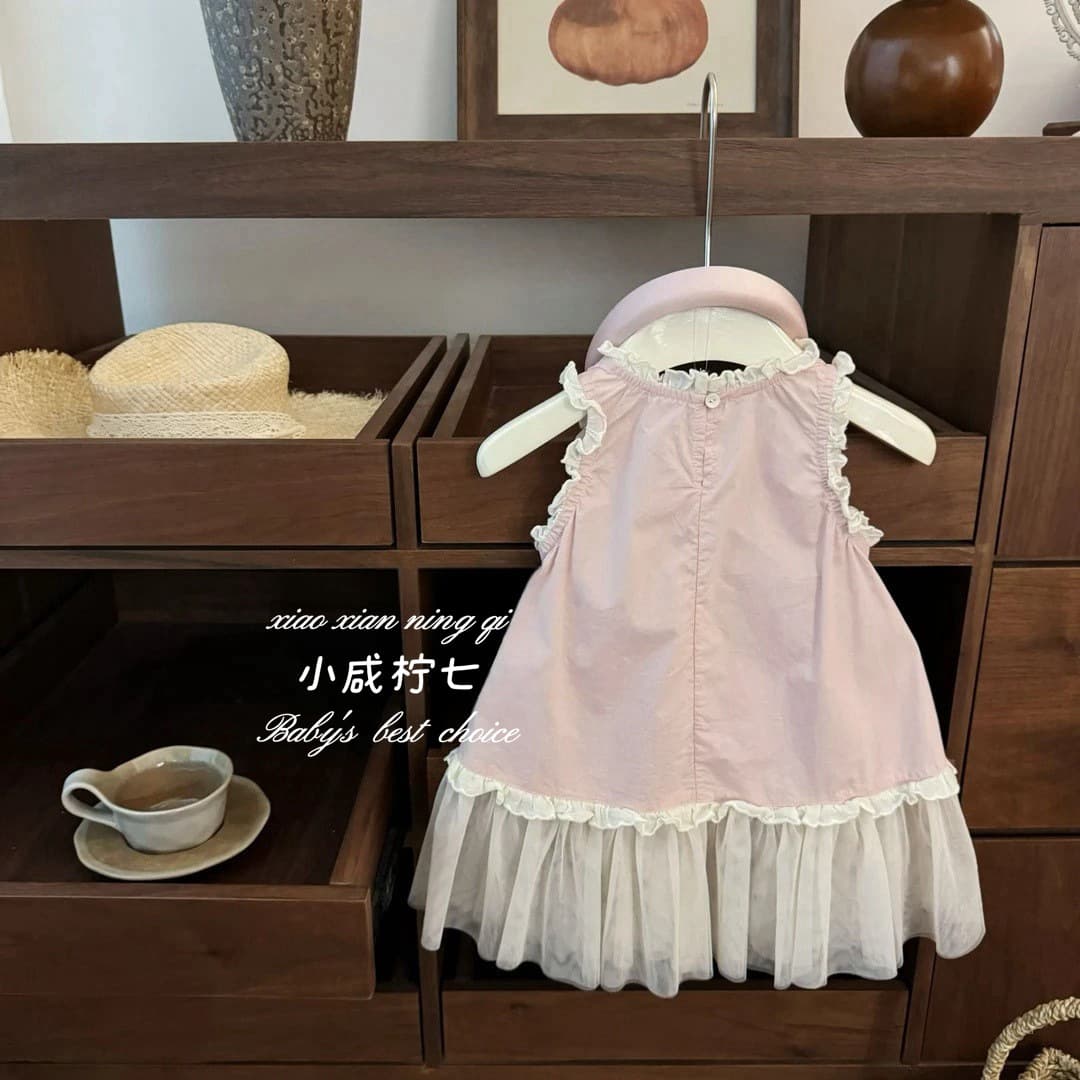 Chao Cross-border Qi Xiao Qi Patch Mesh Dress Girls Summer New Baby Cotton Thin Vest Dress Trendy