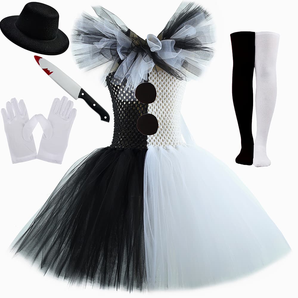 Halloween Black and White Suicide Jester Child Mesh Dress Scary Soul-Broken Jester Girl Tutu Costume
