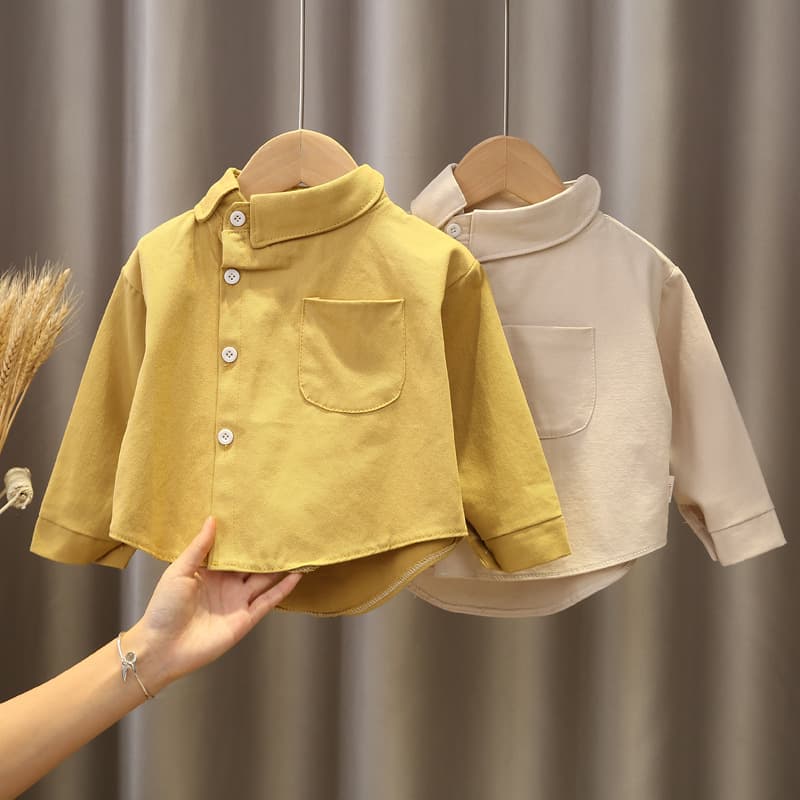 2021 Spring and Autumn New Children's Clothing Designed Side Button Korean Style Shirt Boys Solid Color Simple Shirt Trendy