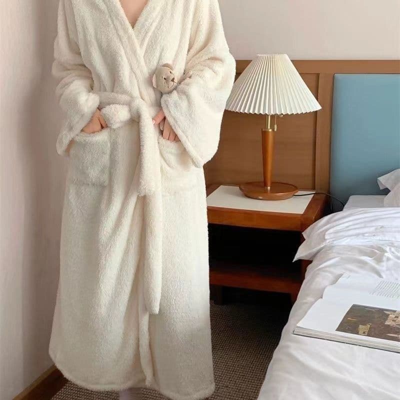 Women's Robe Fall Winter 2025 New Coral Fleece Sweet Cute Long Nightgown Student Lounge Wear Bathrobe